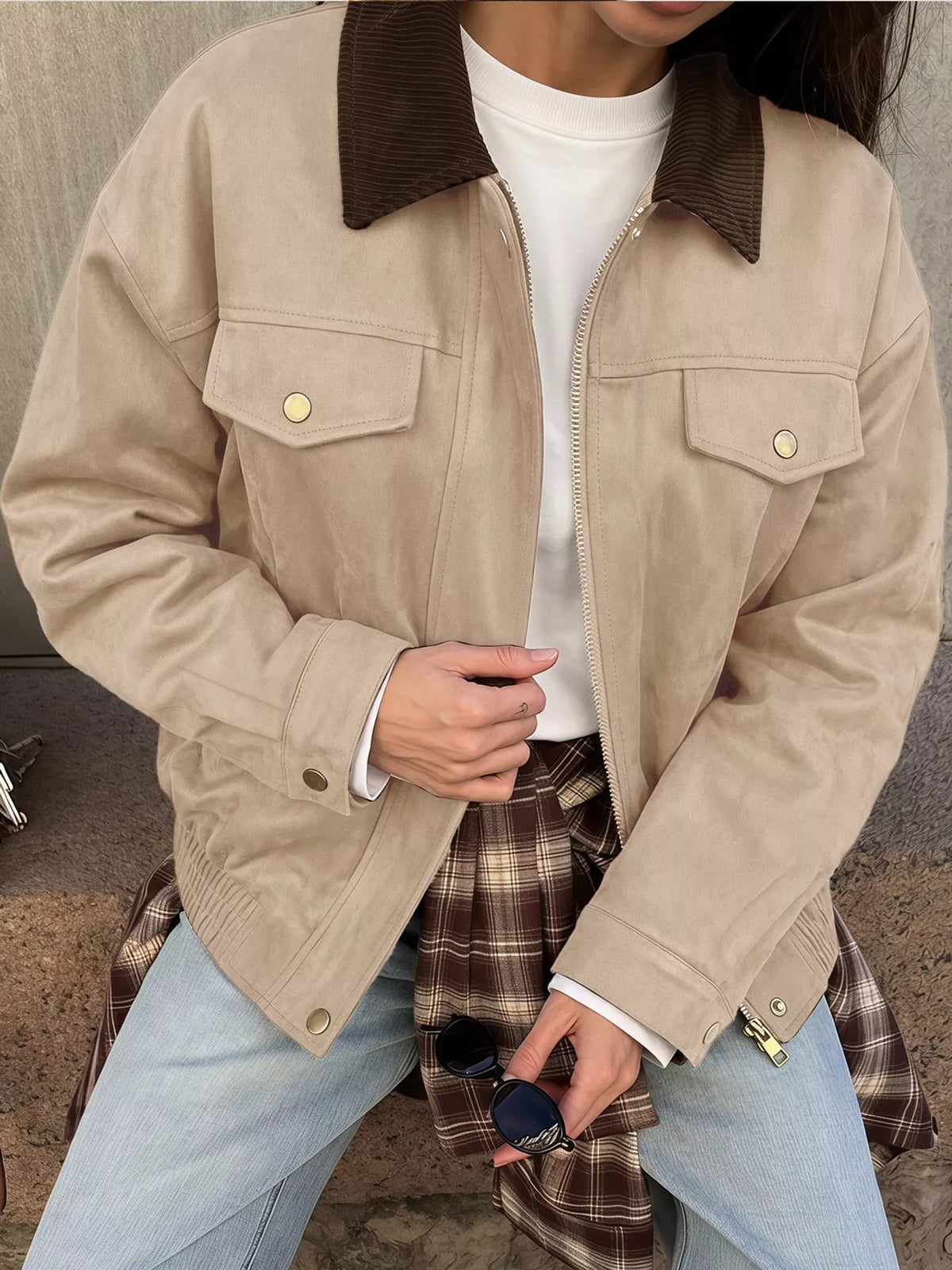 Beige zip-up dropped shoulder jacket — front view