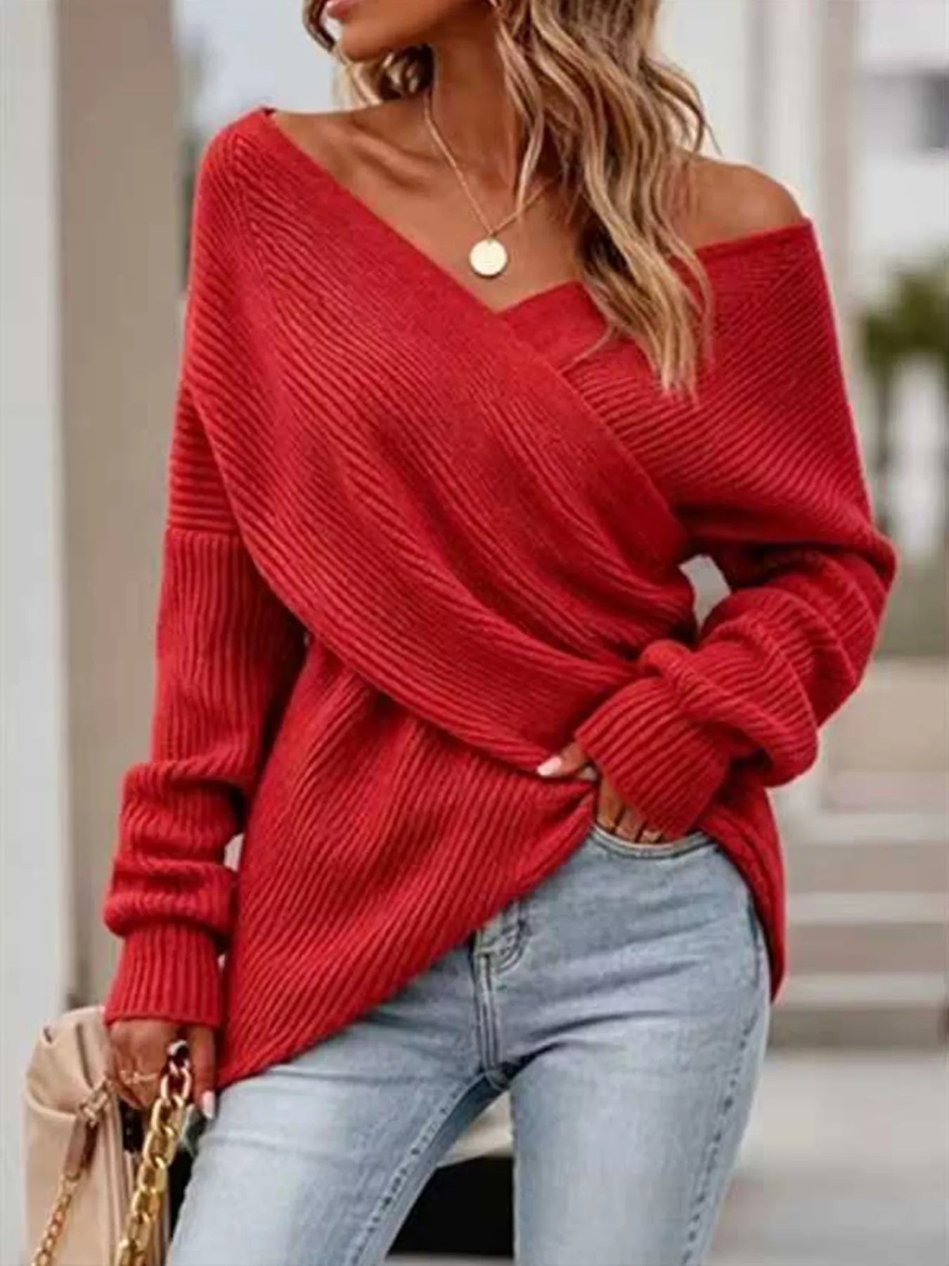 Trendsi Crisscross Ribbed Knit Long Sleeve Sweater -