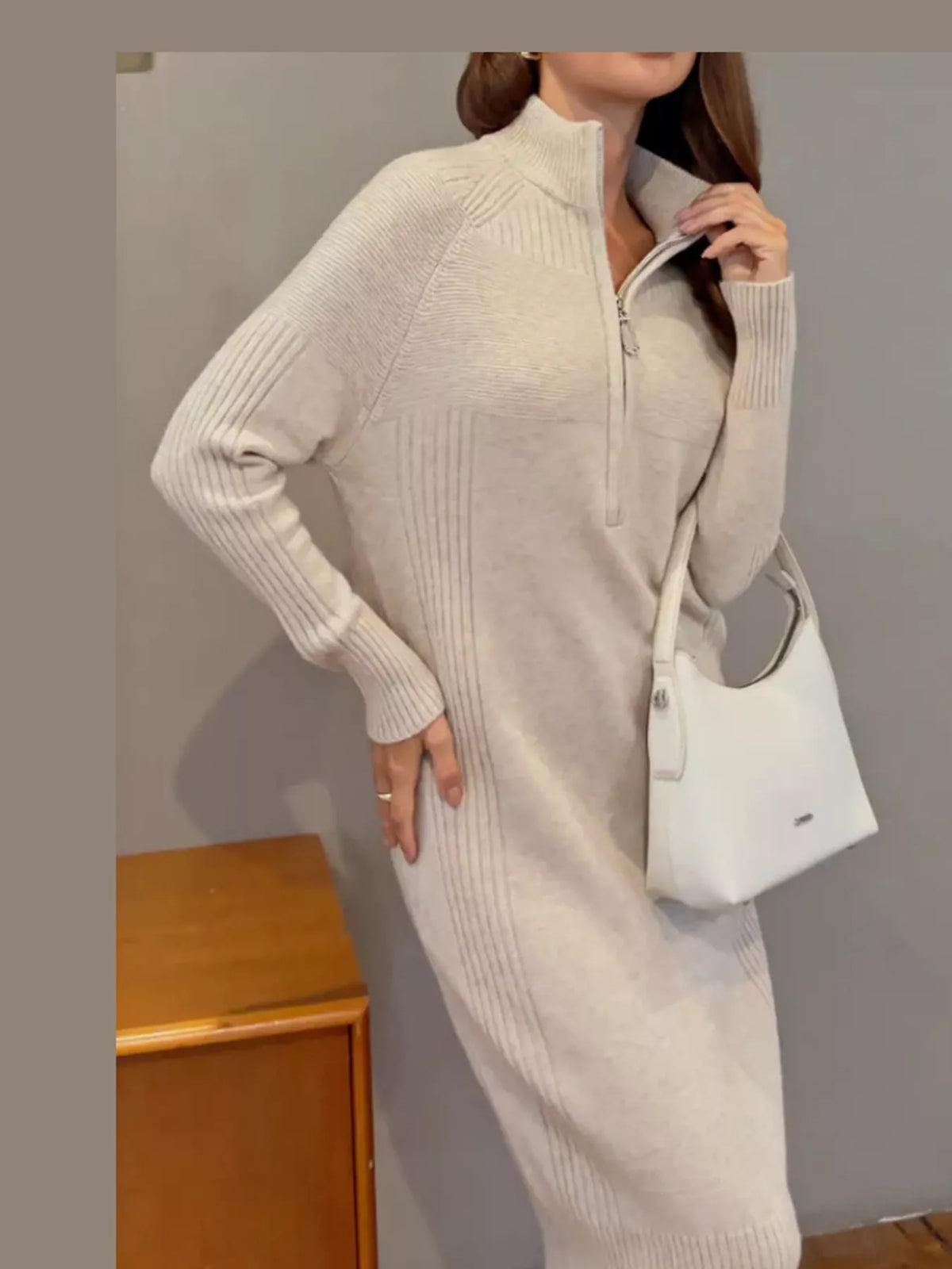 Cream half-zip ribbed knit sweater dress — front view