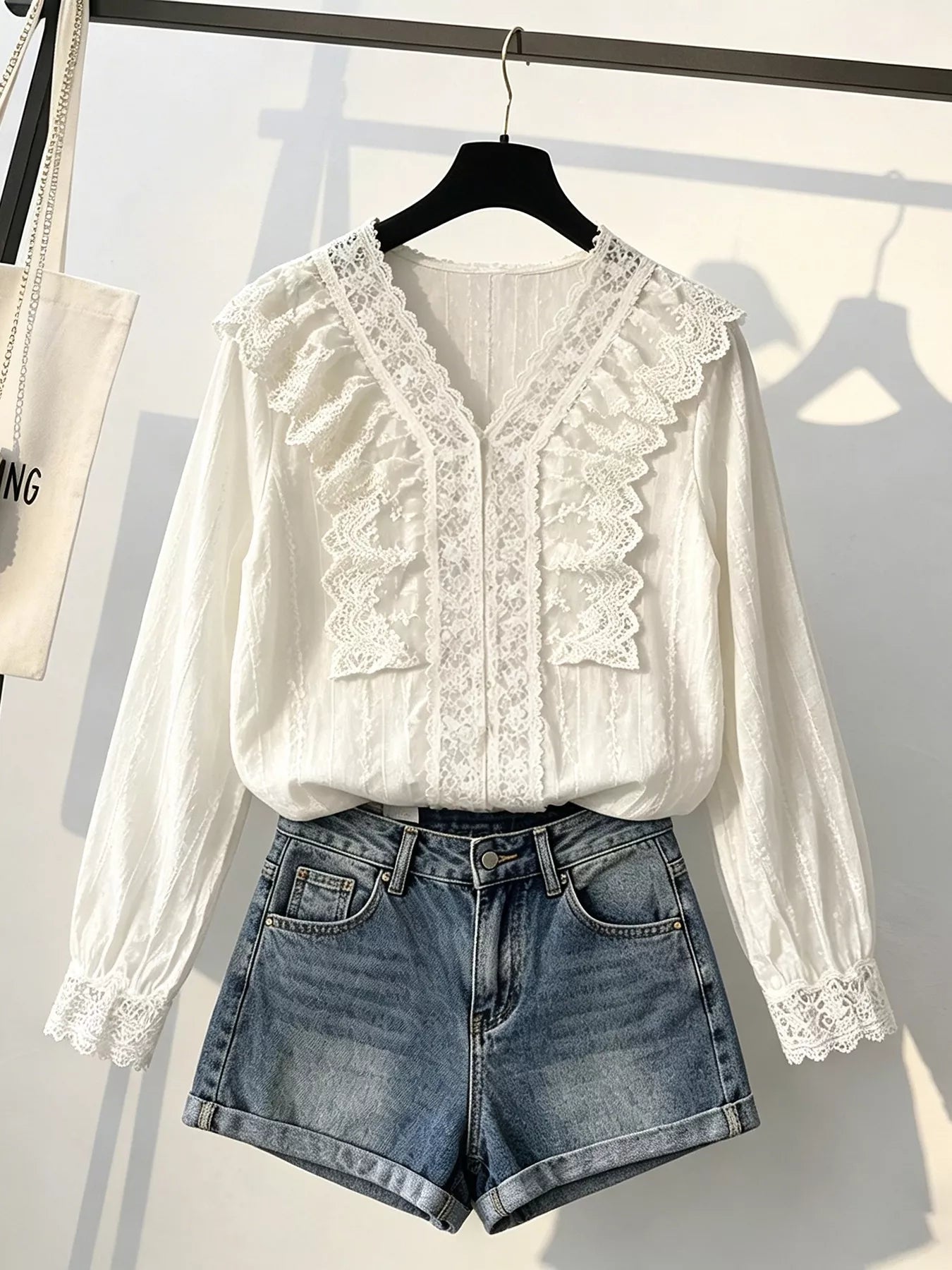 Trendsi V-Neck Lace Ruffle Sheer Blouse -