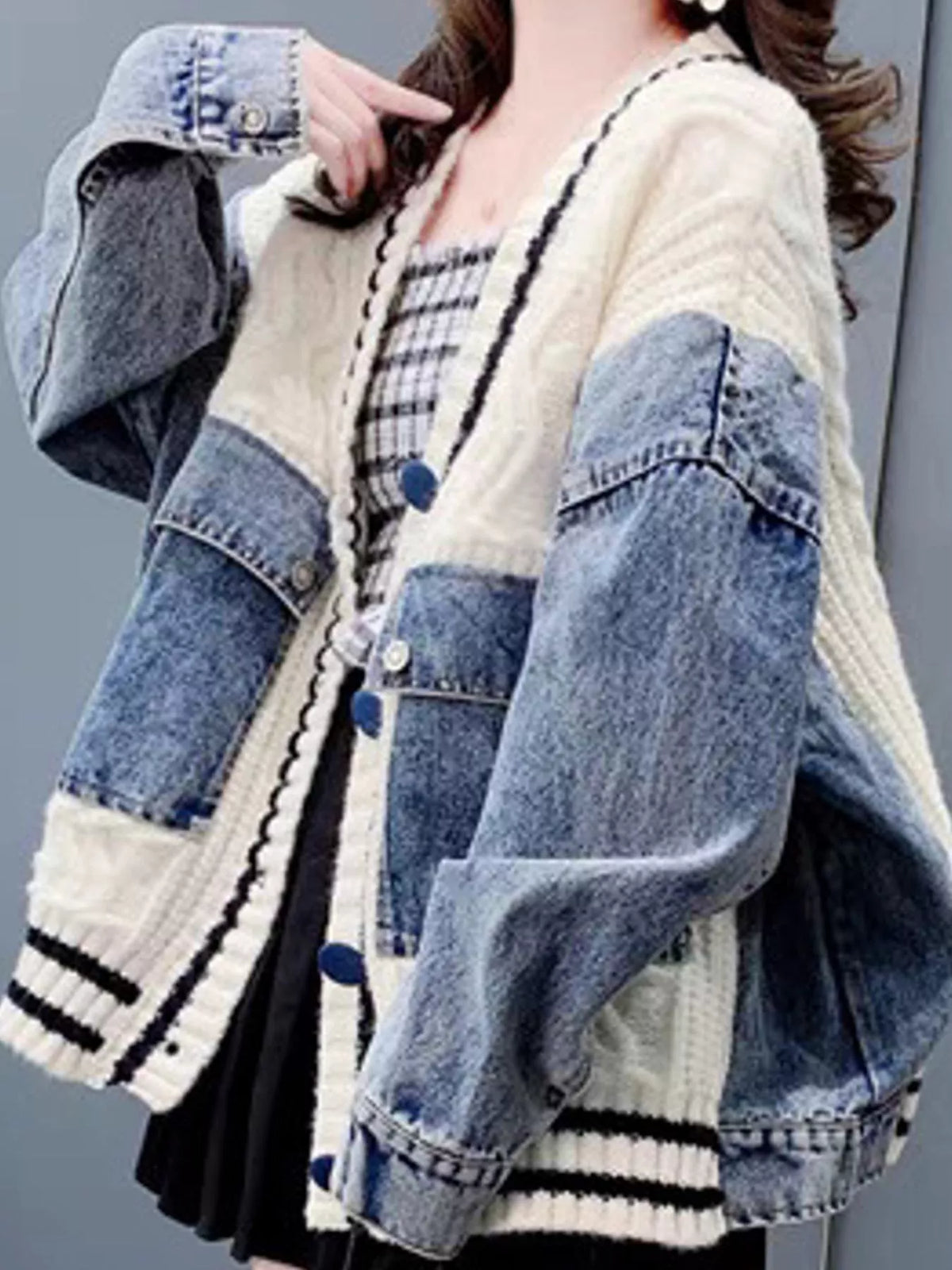 Contrast Denim Patchwork Cable Knit Cardigan in off-white