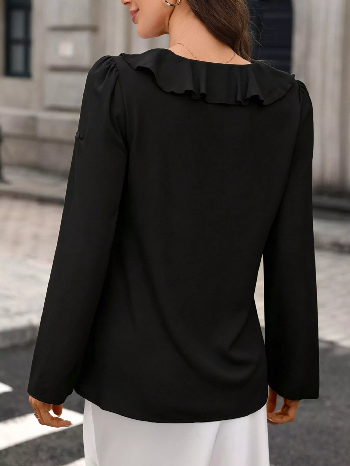Trendsi Ruffled V-Neck Roll-Up Sleeves Blouse -