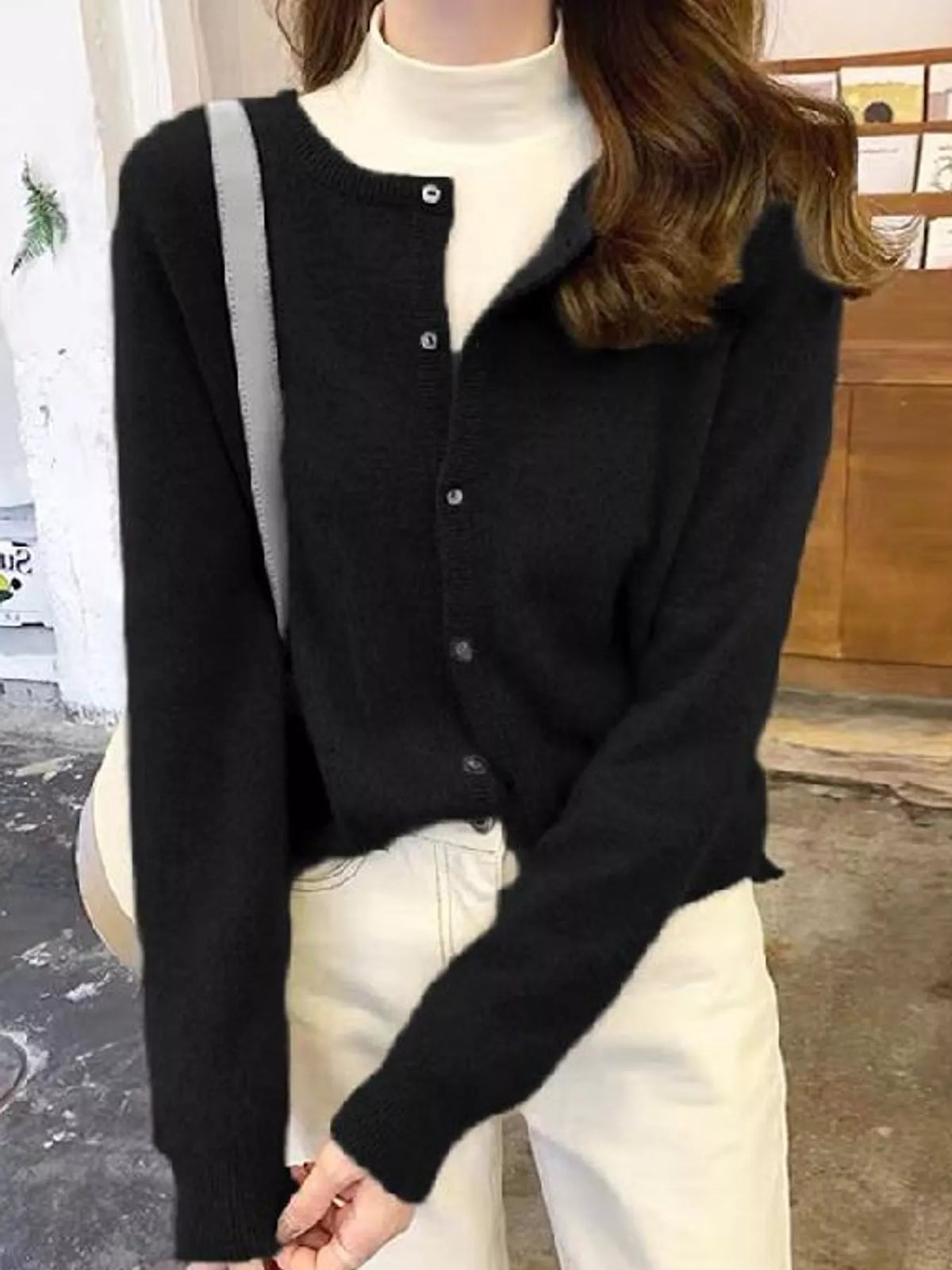 Women's Crew Neck Button-Down Knit Cardigan in black — front view