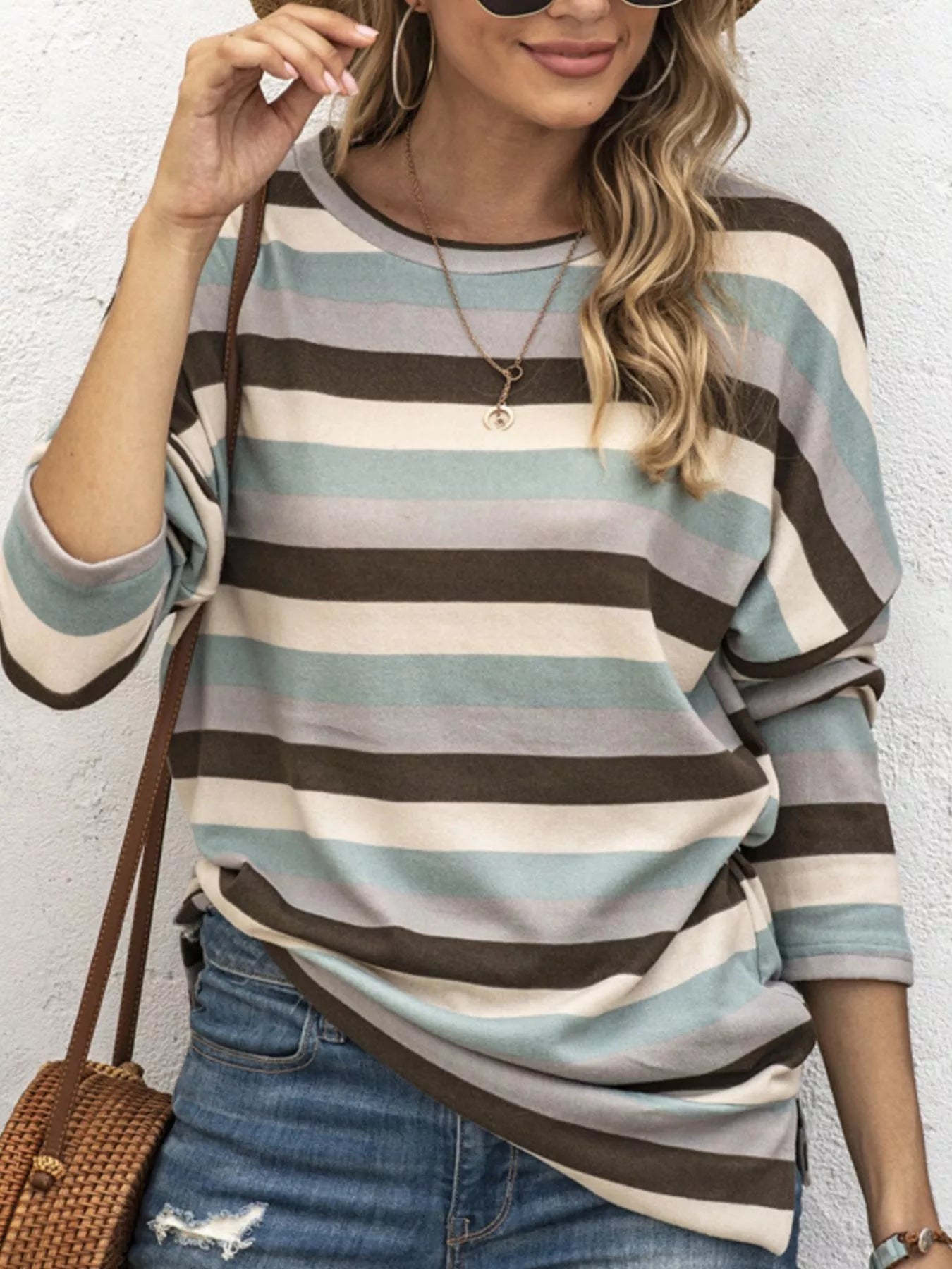 Trendsi Full Size Casual Striped Long Sleeve Crew Neck Top Plus Size -