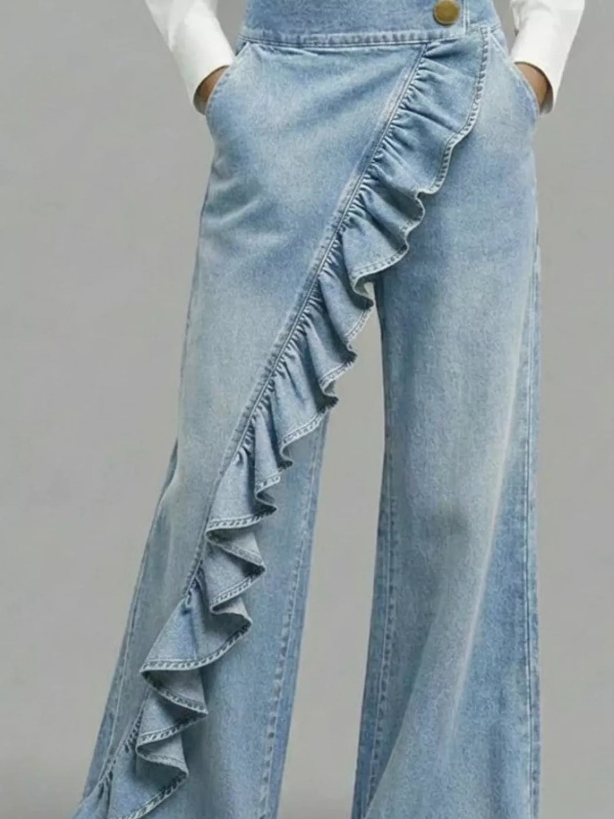 Asymmetrical Ruffled Wide-Leg Jeans in light blue