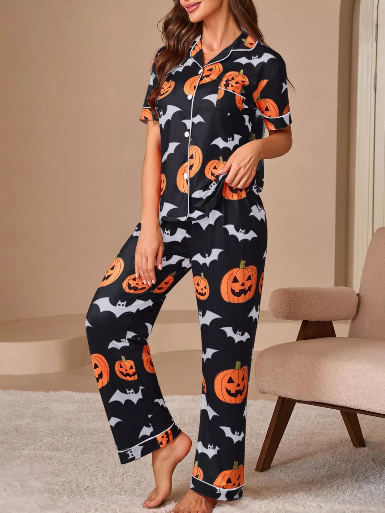 Trendsi Halloween Pumpkin and Bat Print Button-Down Top and Pants Lounge Set -