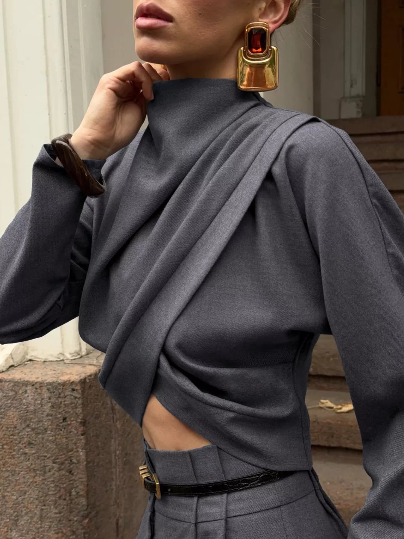 Trendsi Draped Crop Top and Wide-Leg Pants Set -