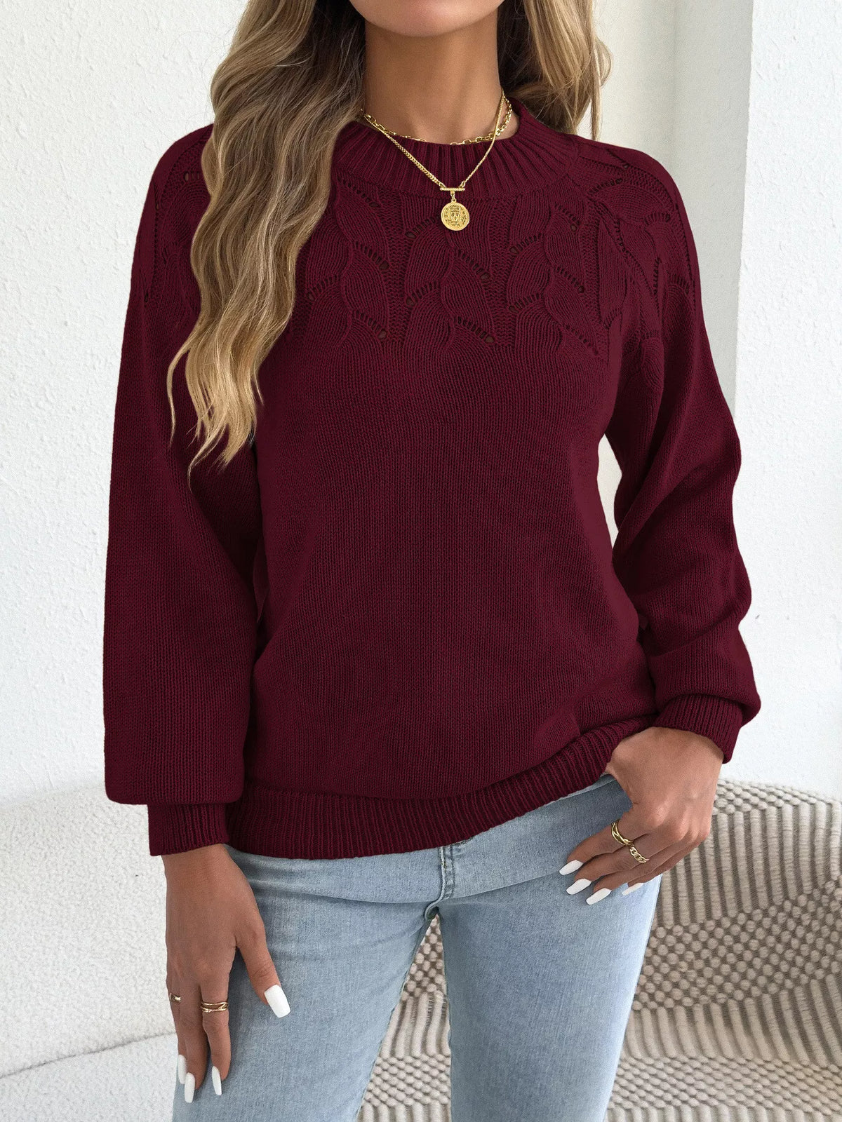 Burgundy openwork crew neck sweater