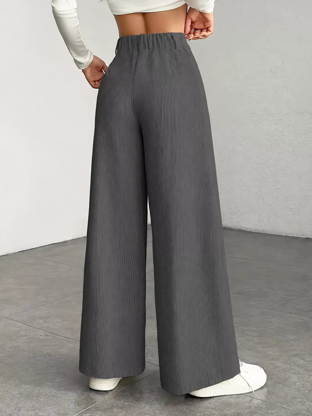 Dark Gray high-waisted wide-leg pants, back view