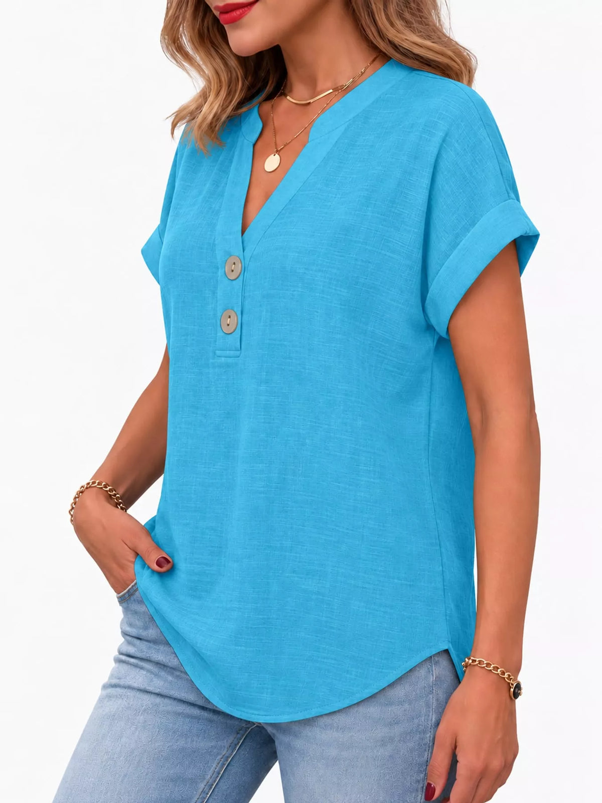 Turquoise button detail short sleeve blouse, side view