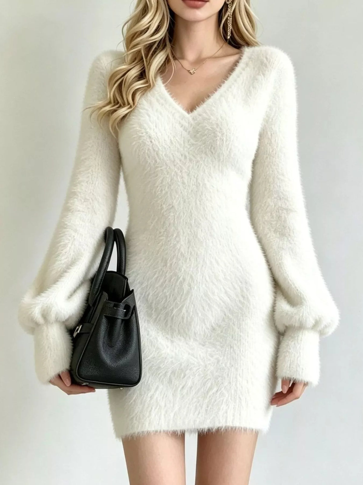 Fuzzy sweater dress, white front
