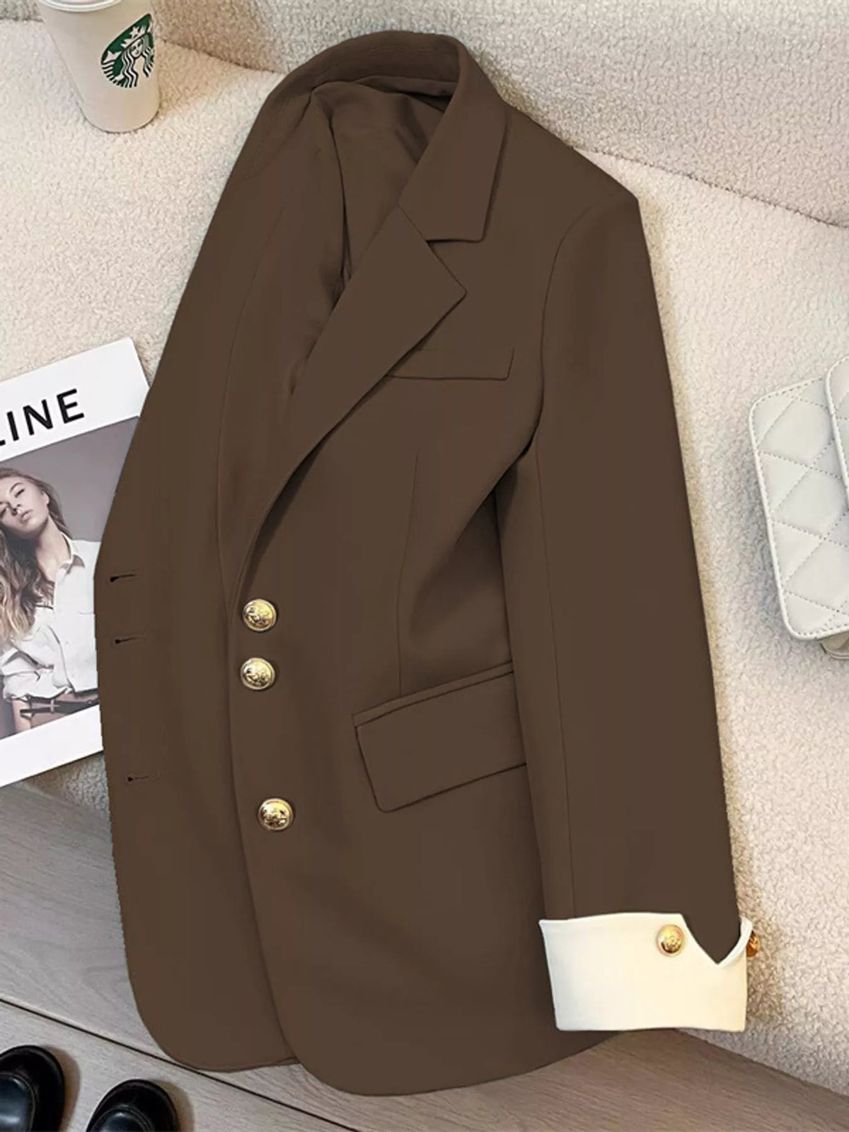 Brown single-breasted blazer with gold-tone buttons