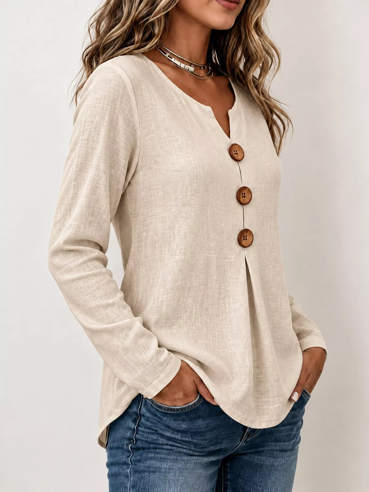 Apricot long sleeve decorative button blouse