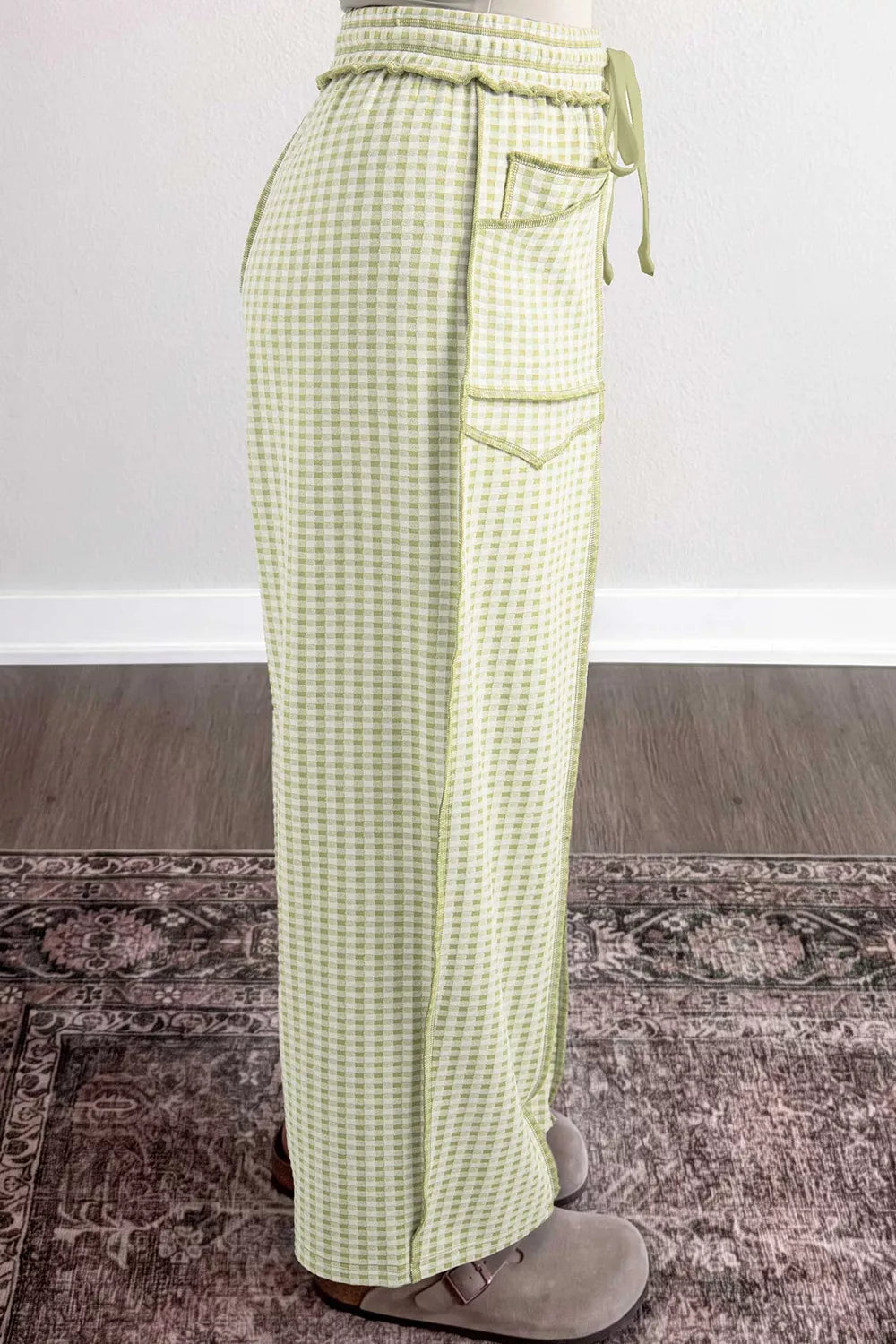 Trendsi Gingham High-Waisted Drawstring Wide-Leg Pants -