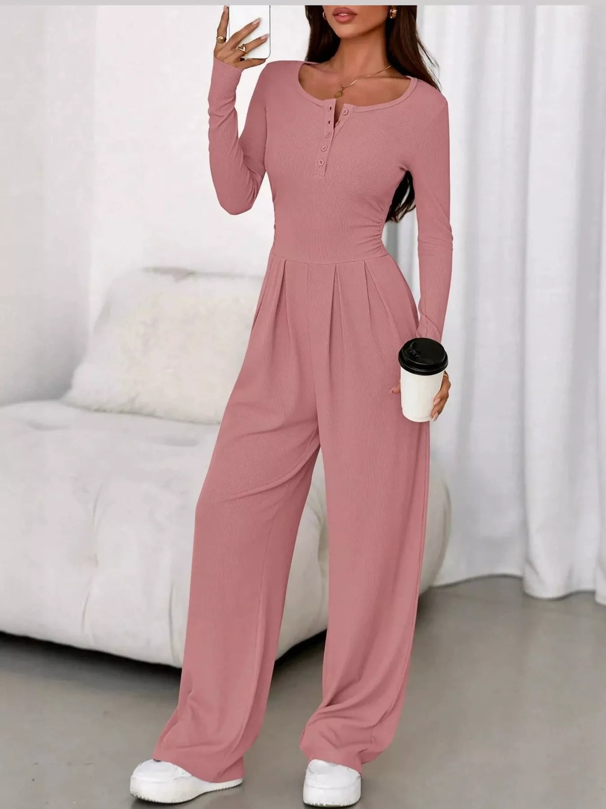 Long Sleeve Ribbed Knit Wide-Leg Jumpsuit — front view