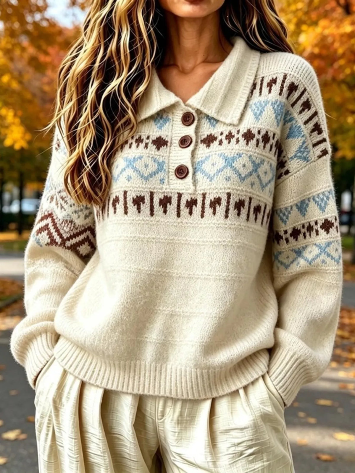 Cream fair isle pattern polo collar sweater