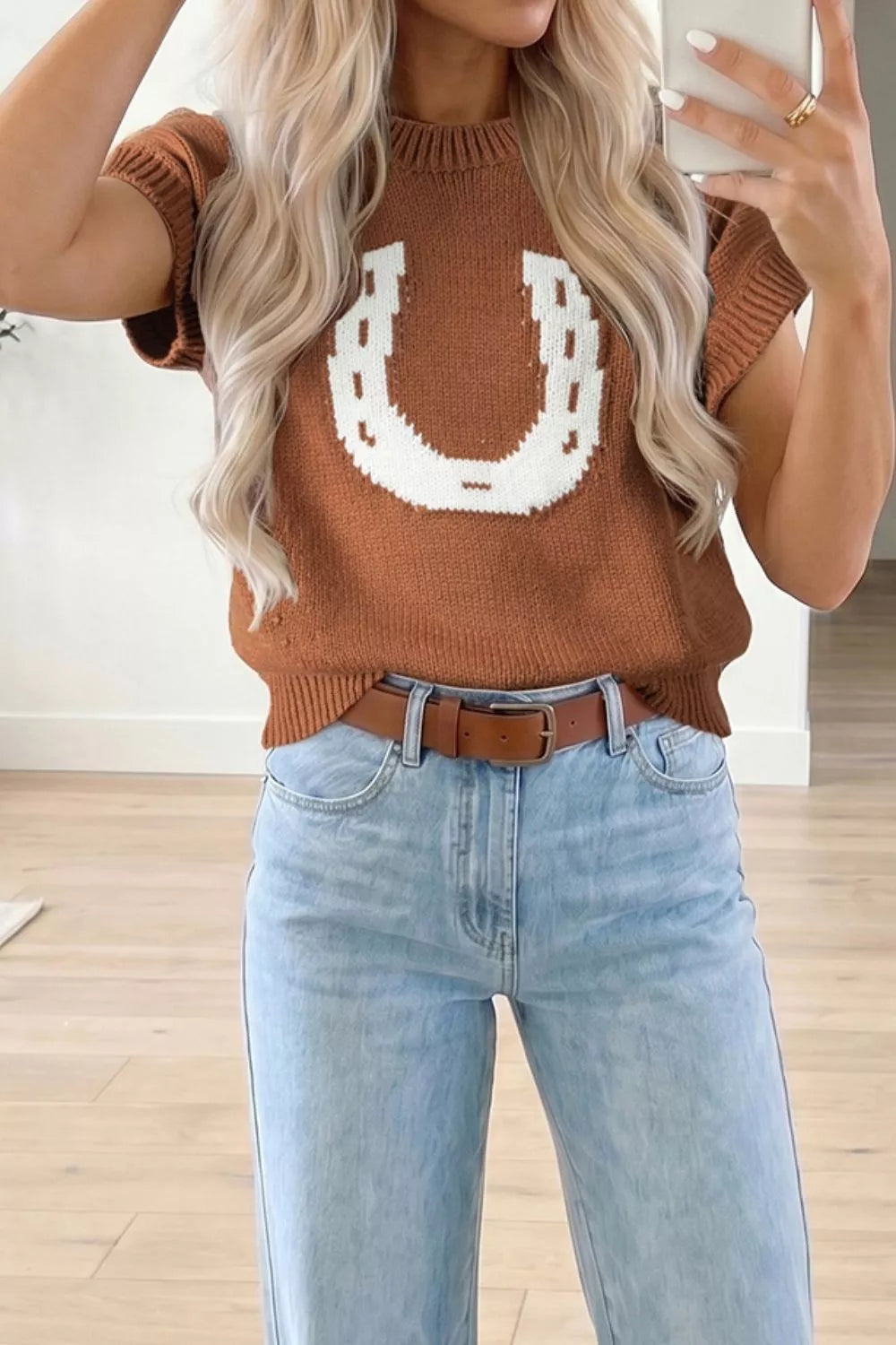 Trendsi Western Horseshoe Pattern Short Sleeve Knit Sweater -