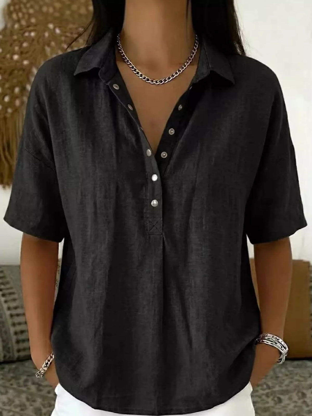 Snap Down Shirt in black, front view