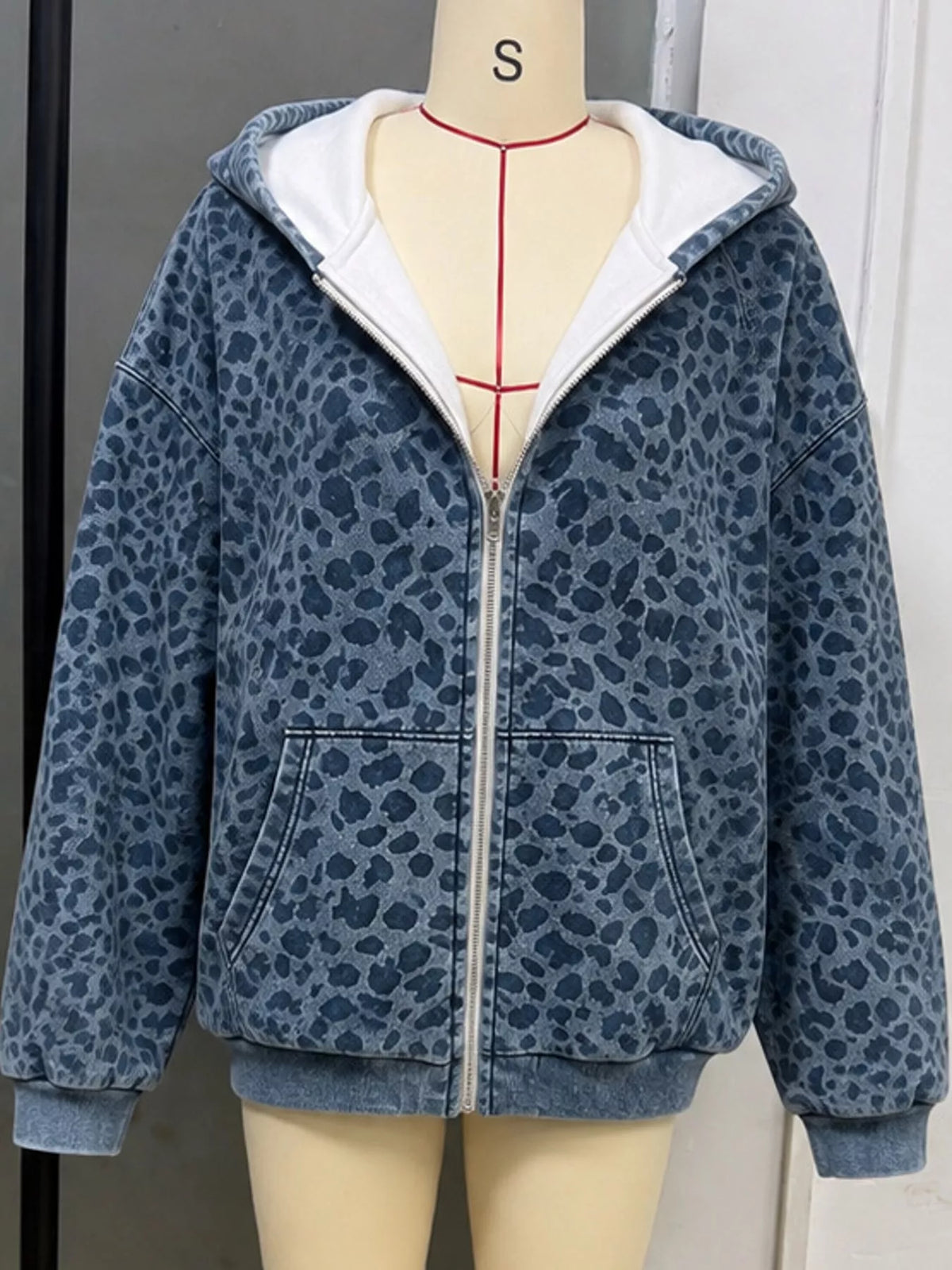 Women's Leopard Zip Up Hoodie in blue — mannequin front view