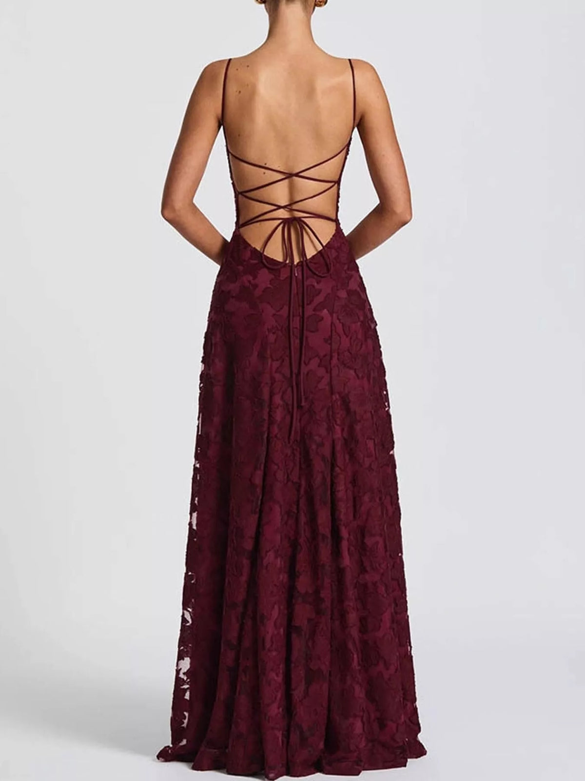 Burgundy backless lace maxi dress, back view