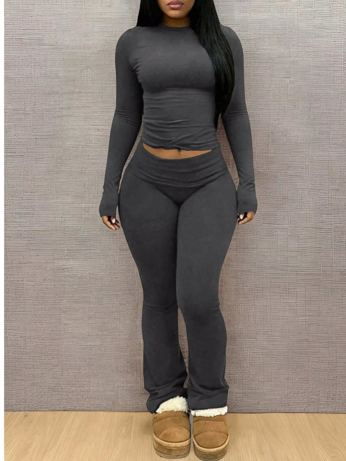 Black slim-fit long sleeve crop top and leggings lounge set