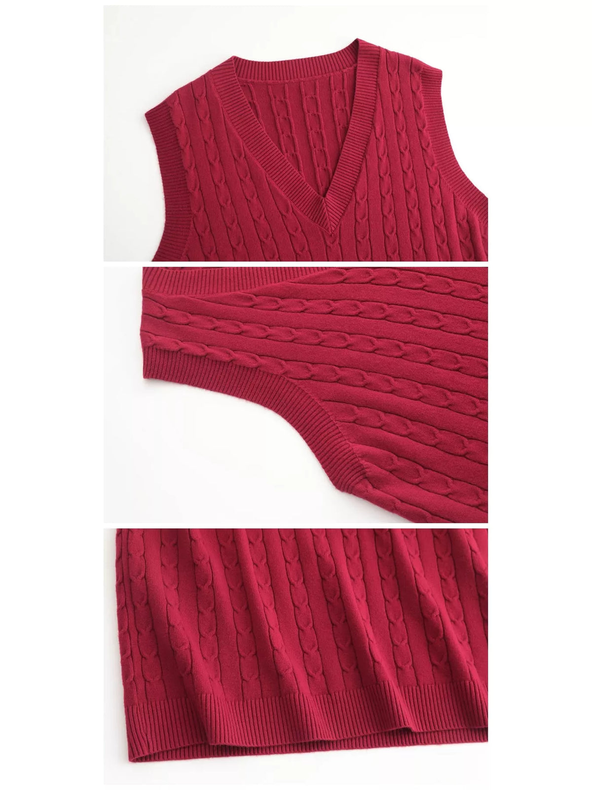 Cable-knit sweater vest, red detail collage