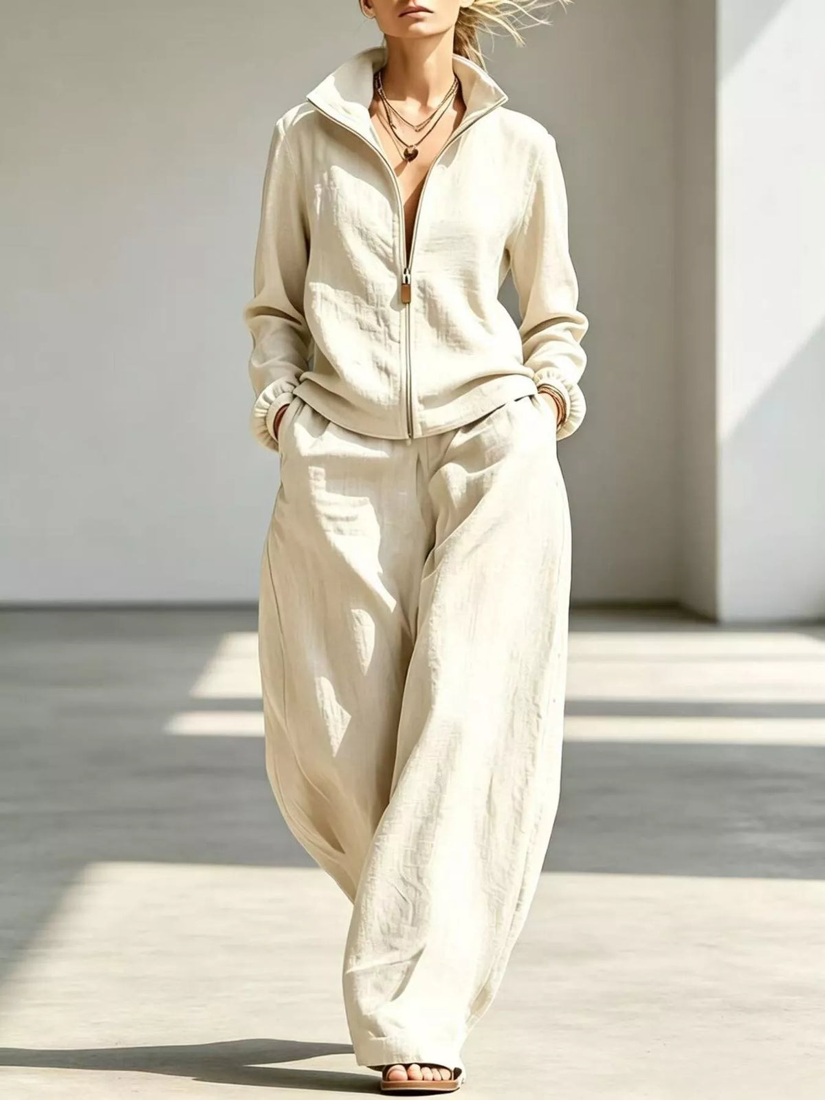 Jacket and pants set, cream set front