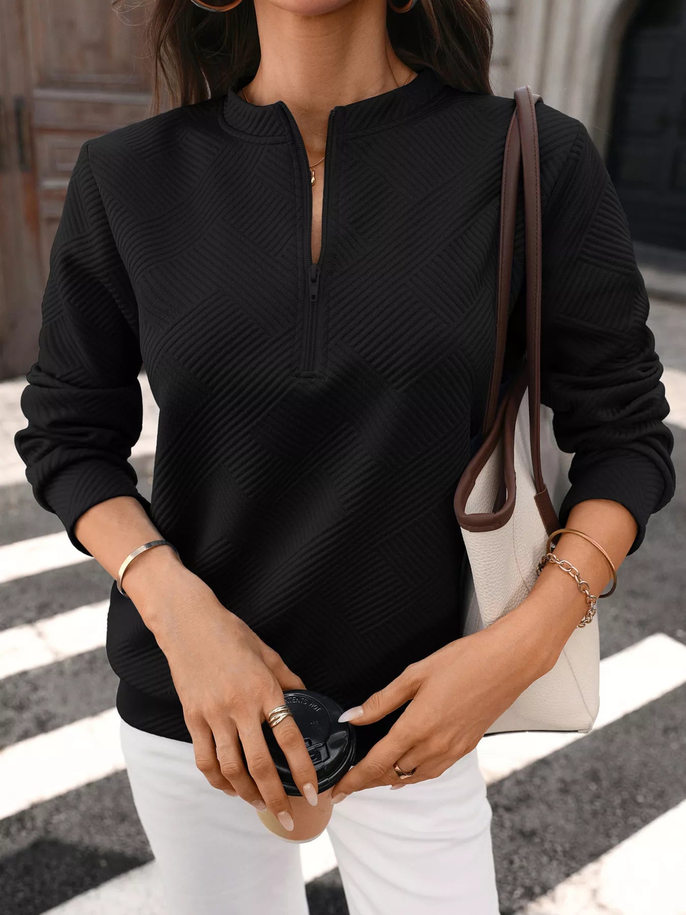 Trendsi Textured Quarter-Zip Sweatshirt -