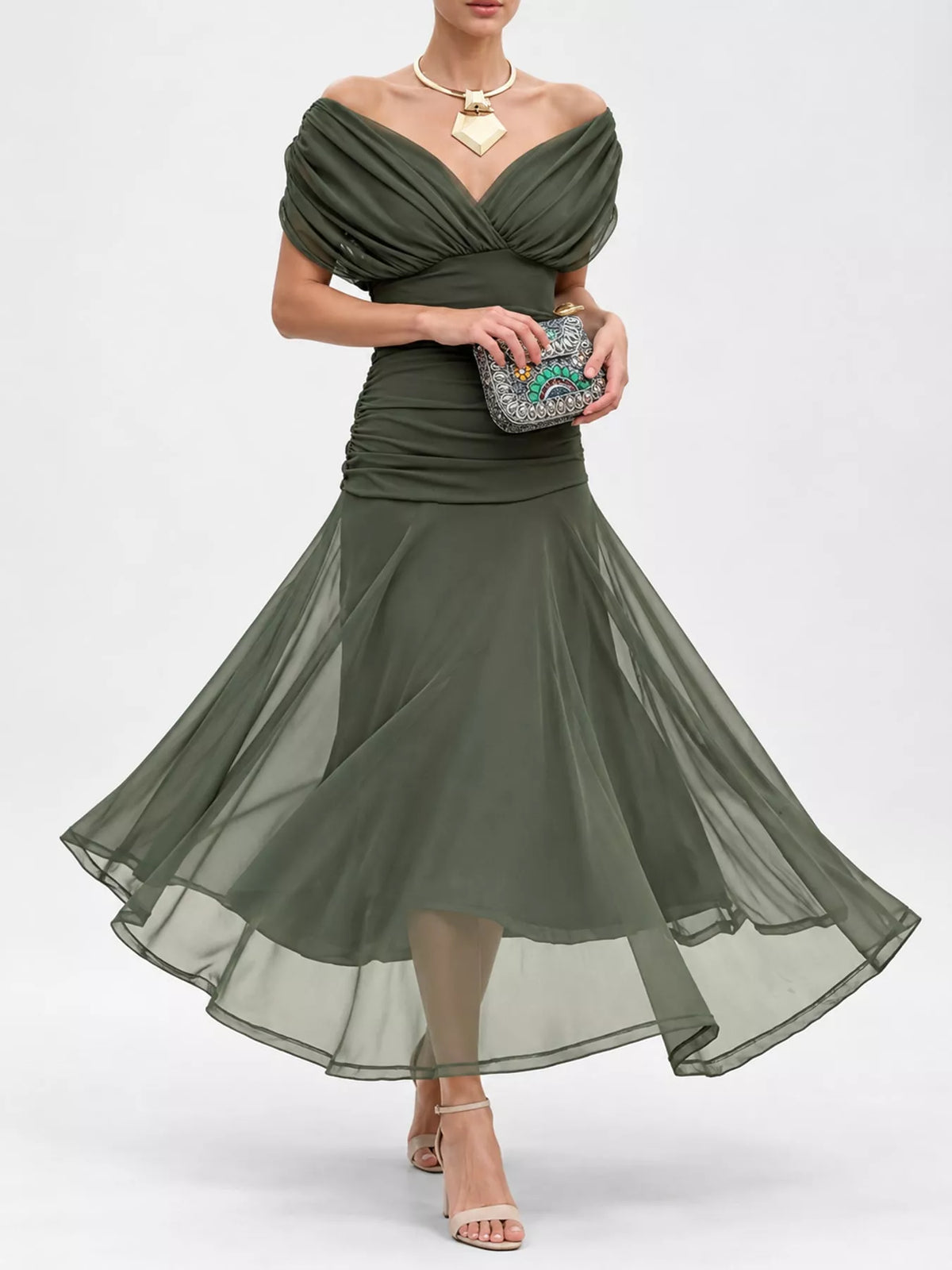 Army green off shoulder ruched tulle evening dress, front view