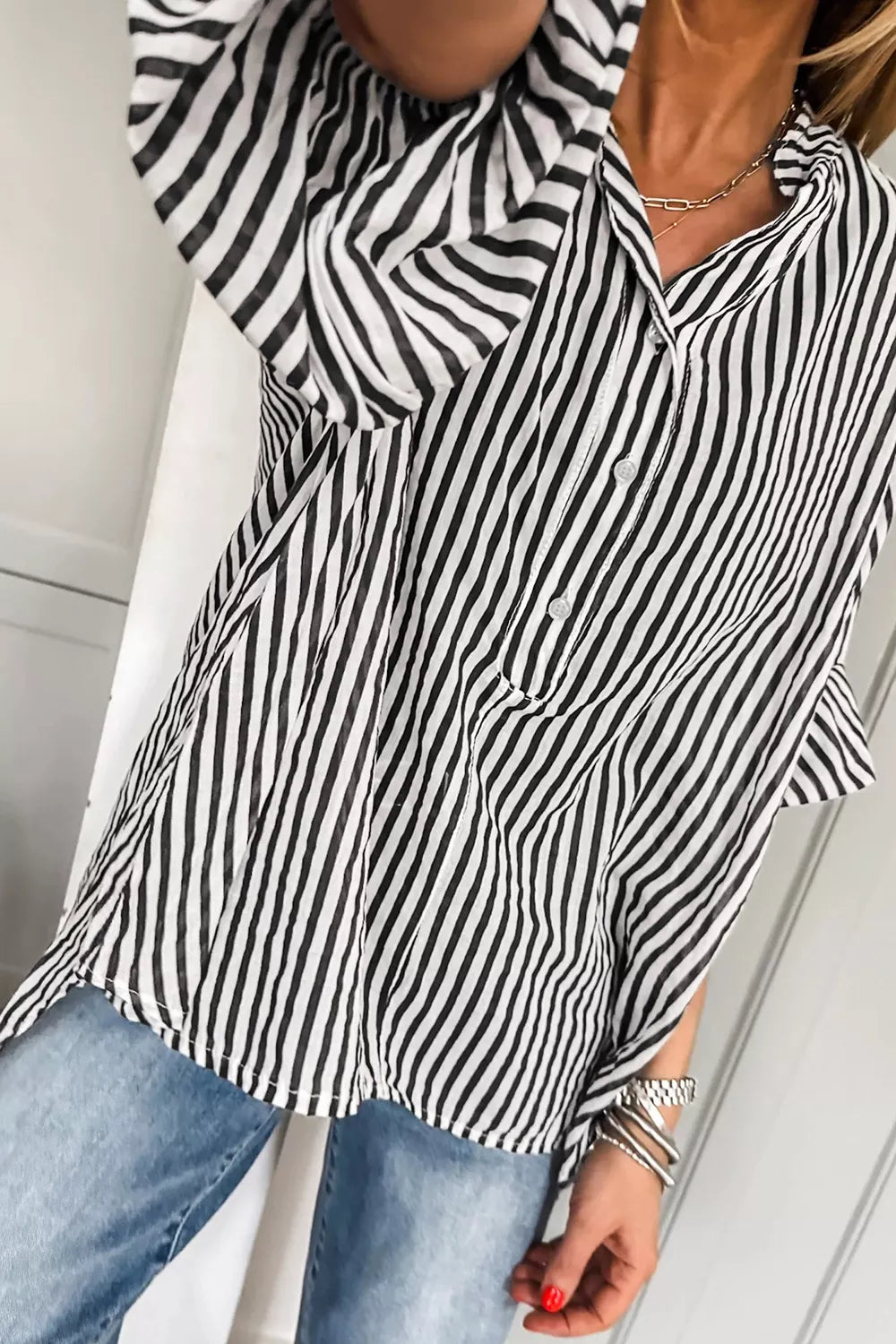 Trendsi Striped Half Sleeve Button-Up Shirt -