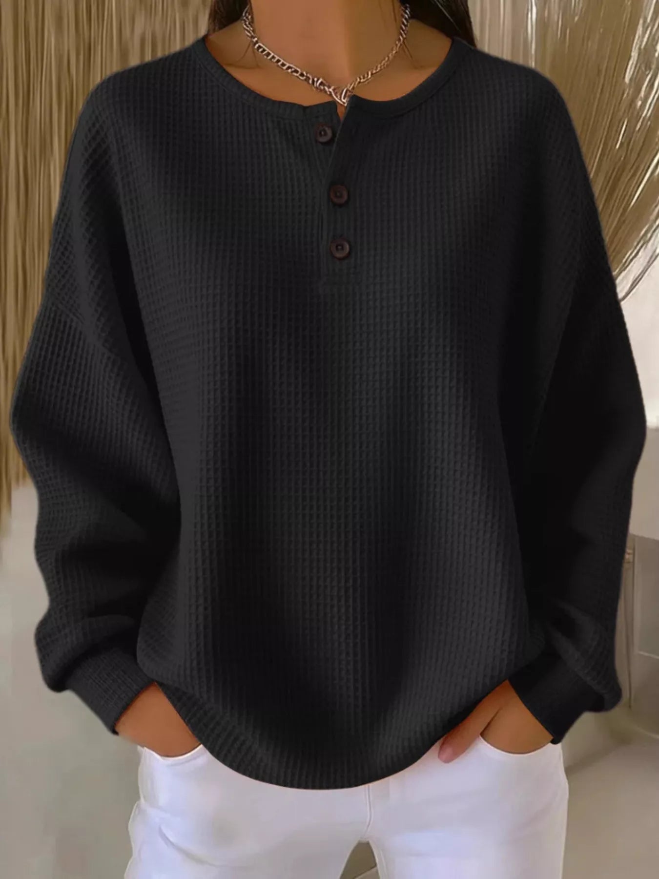Trendsi Full Size Waffle Knit Button Detail Top Plus Size -
