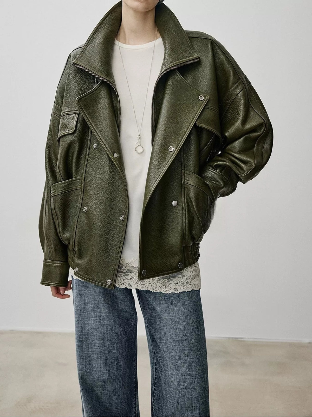 Snap Down Leather Jacket in dark green, front view