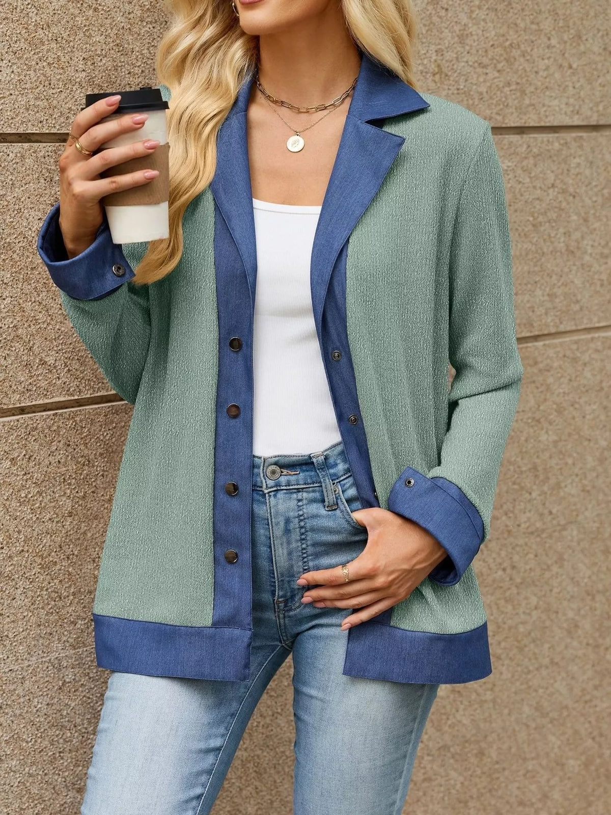 Trendsi Contrast Denim Lapel Collar Outerwear -