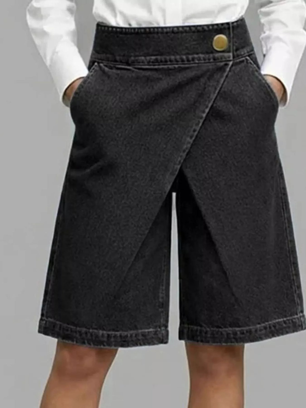 High-Waisted Wrap-Front Denim Look Shorts in black, front view
