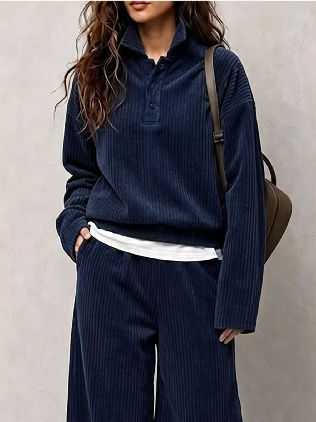 Women's Corduroy Button Detail Top and Wide-Leg Pants Set in navy — bodice detail view