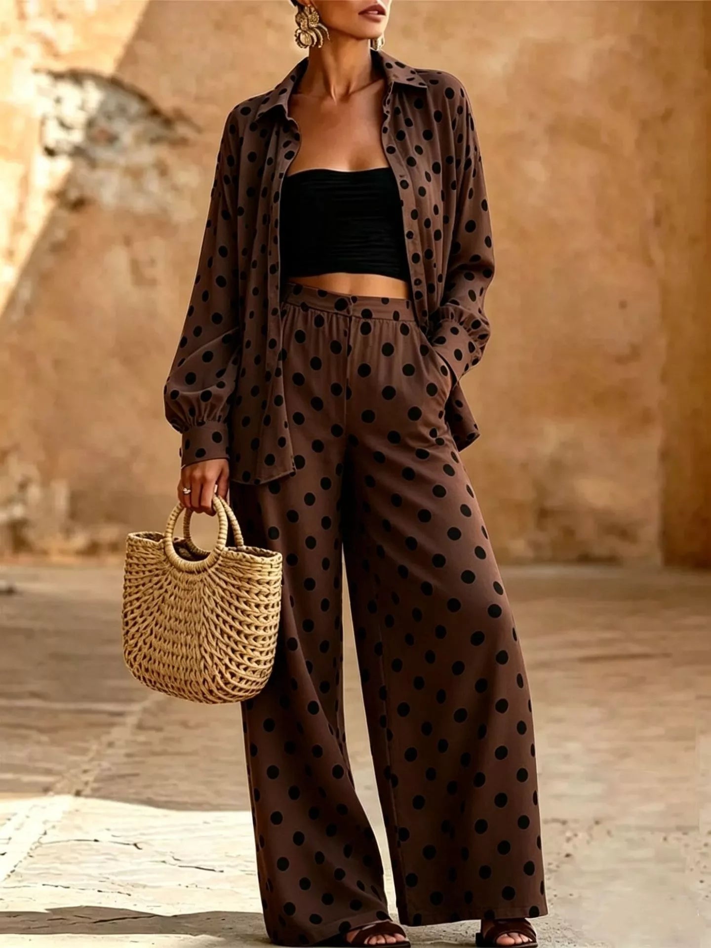 Trendsi Full Size Polka Dot Shirt and Wide-Leg Pants Set Plus Size -