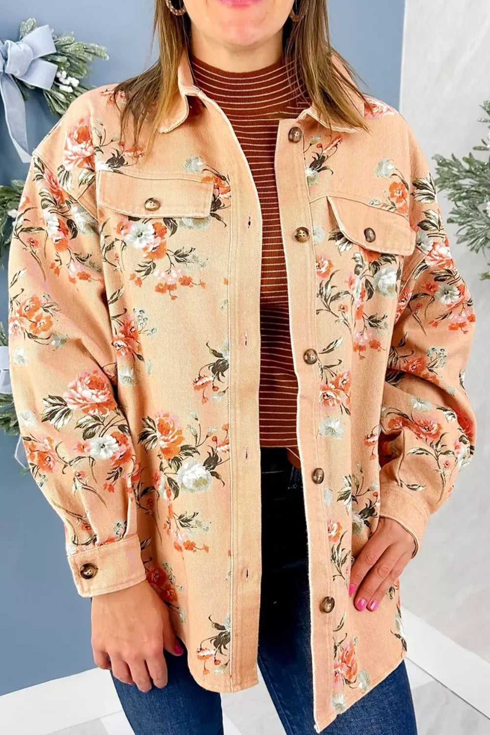 Floral print long sleeve denim jacket