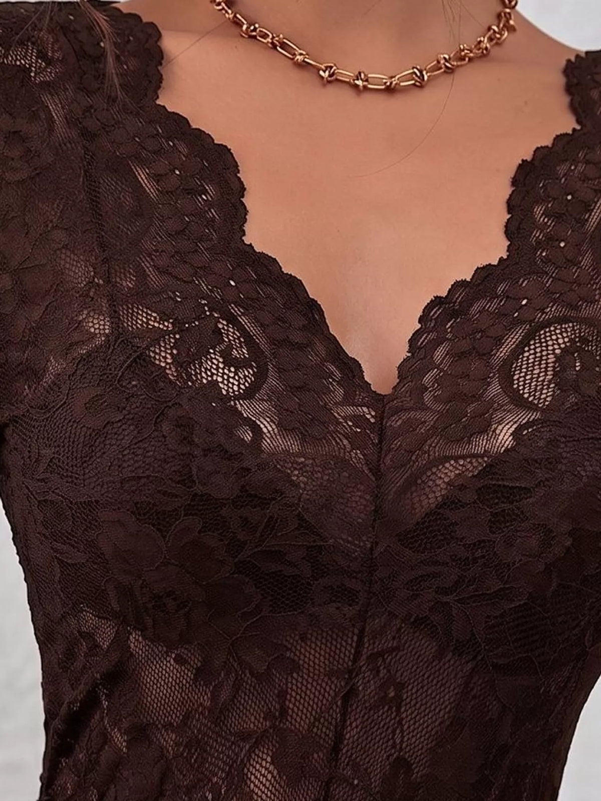 Brown sheer floral lace long sleeve top with scalloped V-neck