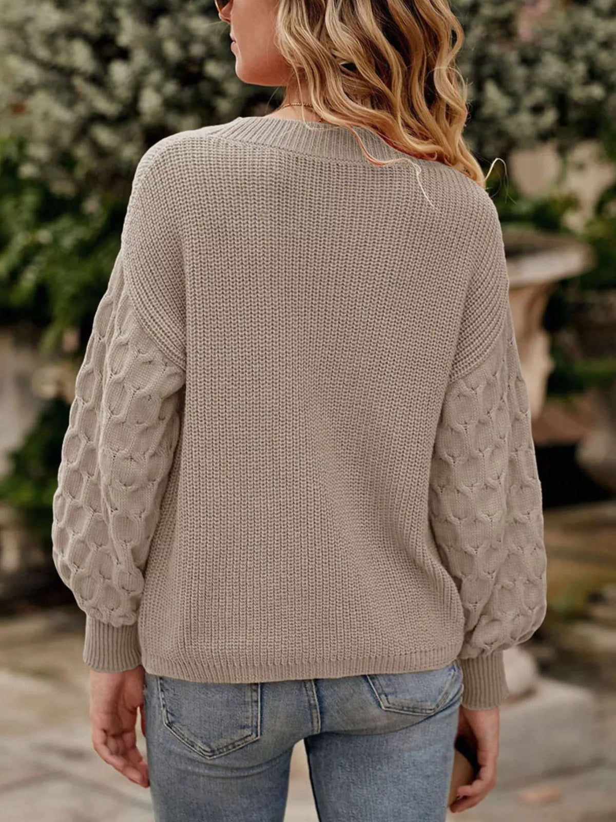 Textured Sleeve Round Neck Sweater in beige, back view