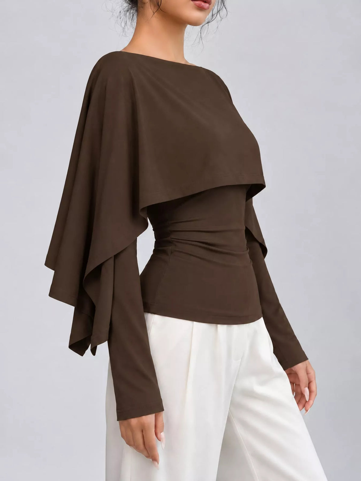 Layered Cape-Style Blouse with Slim-Fit Bodice — side view