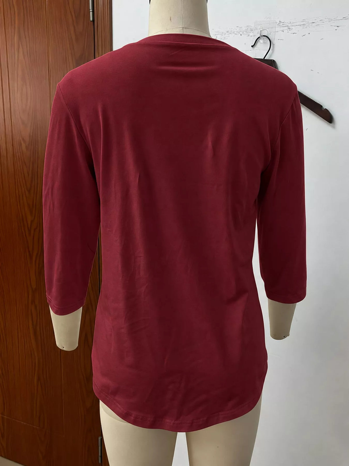 Burgundy v-neck half sleeve t-shirt, back view