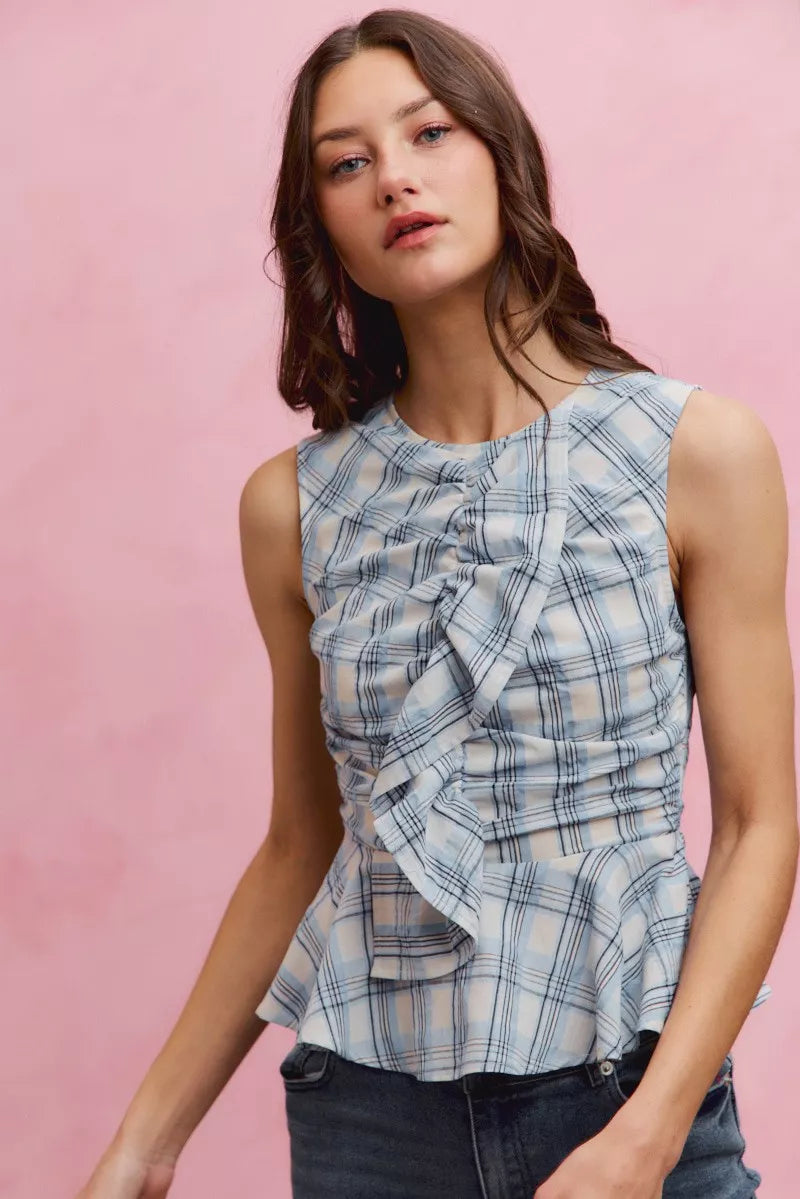 Women's Plaid Sleeveless Ruffle Peplum Top Blue And White Cotton — product view 11