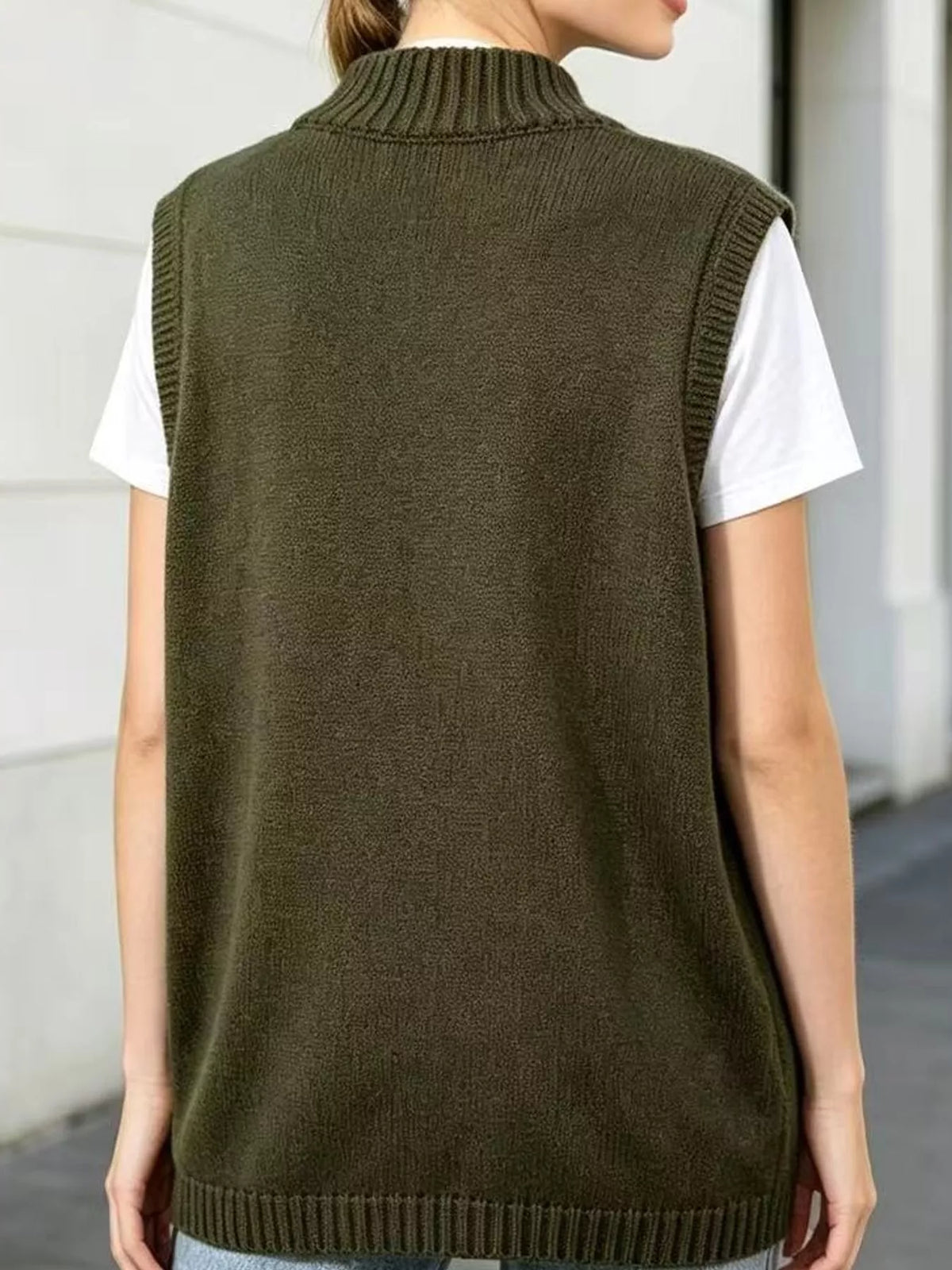 Mock Neck Asymmetrical Hem Knit Sweater Vest, back view in olive green