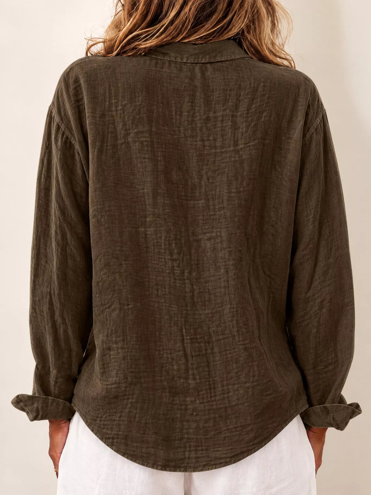 Brown asymmetric button-down long sleeve shirt, back view