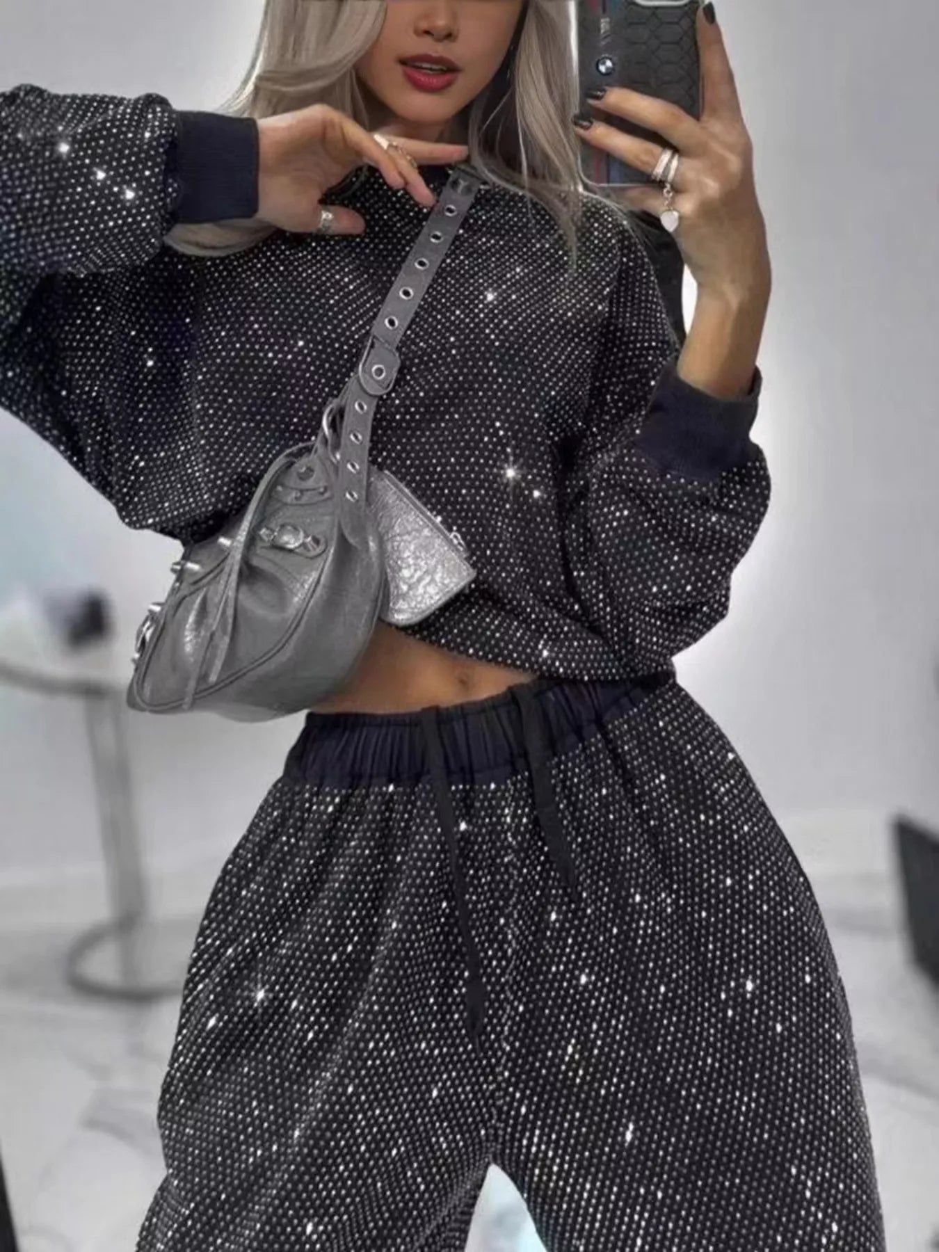 Trendsi Rhinestone Long Sleeve Top and Pants Set -