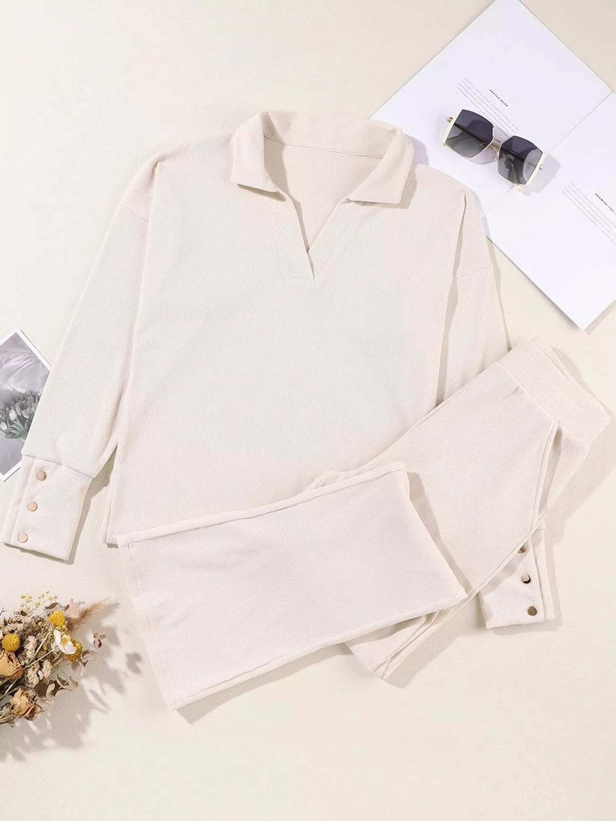 Long Sleeve Polo Collar Top and Pants Set — garment front