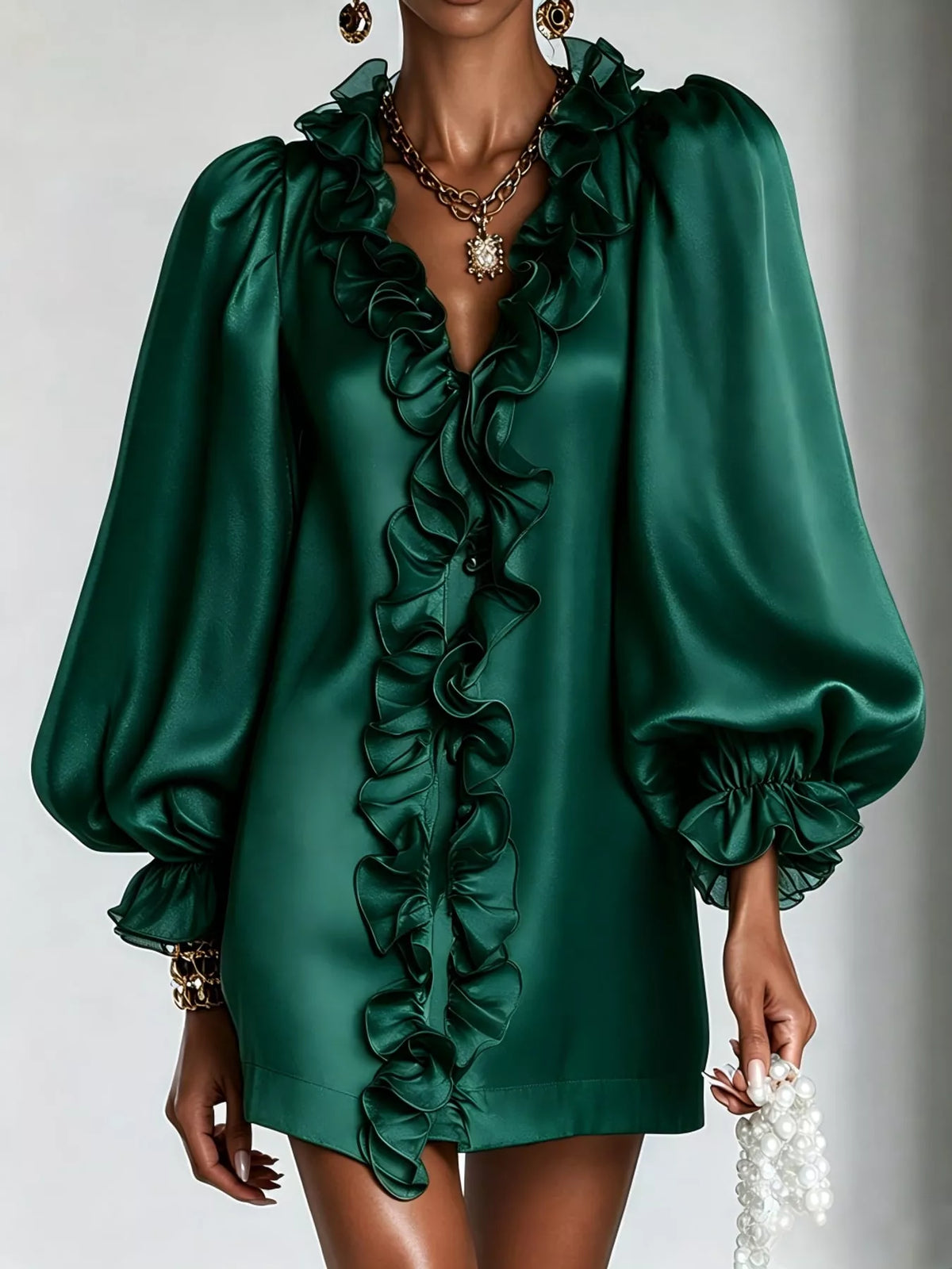 Ruffle Trim Puff Sleeve Mini Dress in green, front view