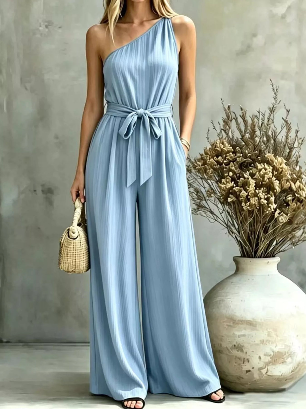 One-Shoulder Wide-Leg Jumpsuit in light blue, front view