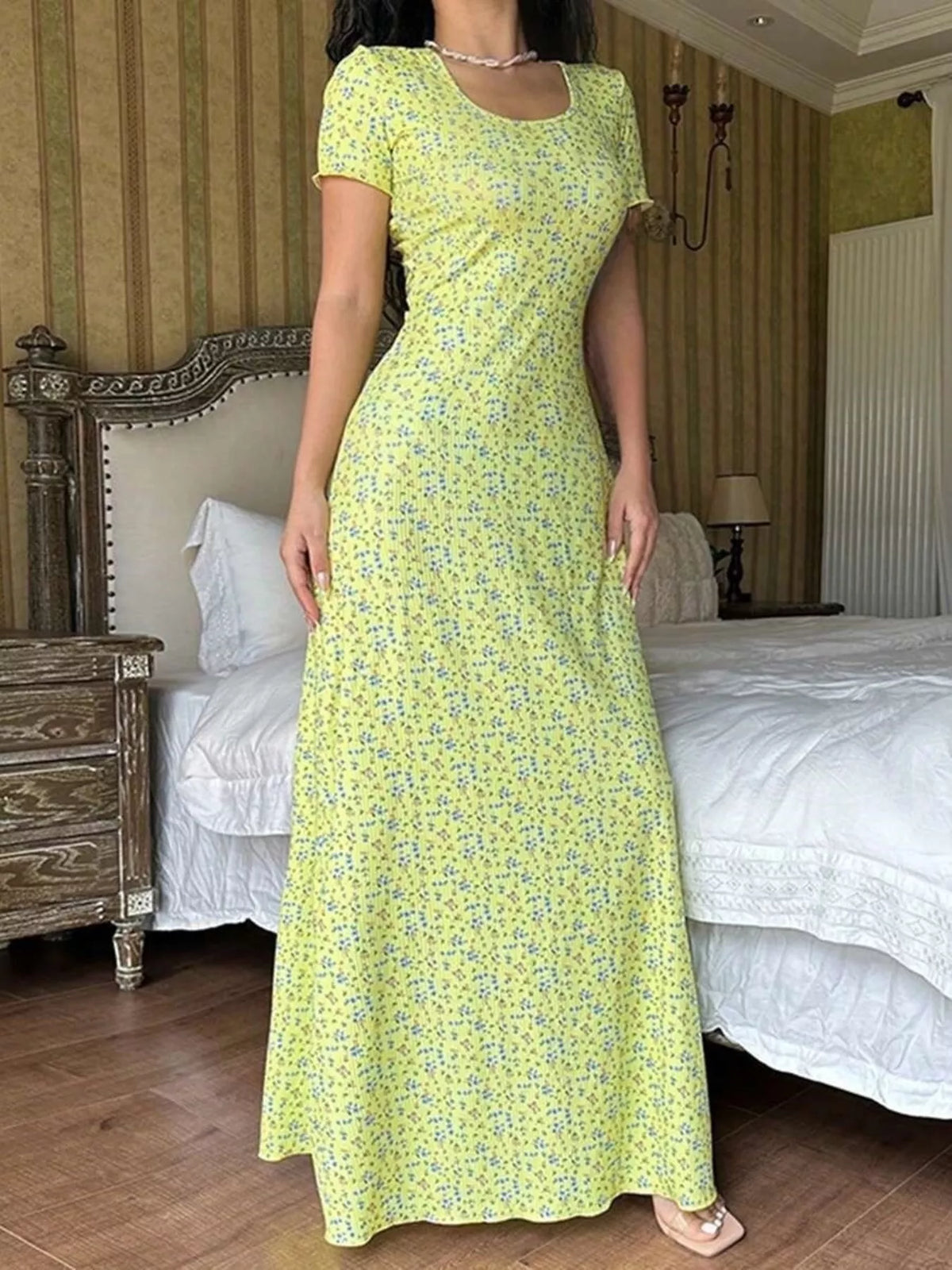 Short-Sleeve Tie-Back Maxi Dress in yellow floral, front view