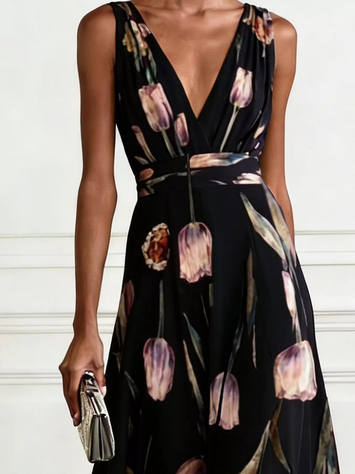 Women's Sleeveless Floral Print Maxi Dress in black floral — bodice detail view